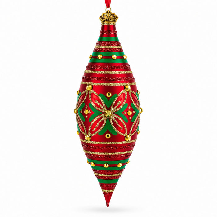 Red and Green Glitter Jeweled Elongated Pointed Teardrop Finial Glass Christmas Ornament