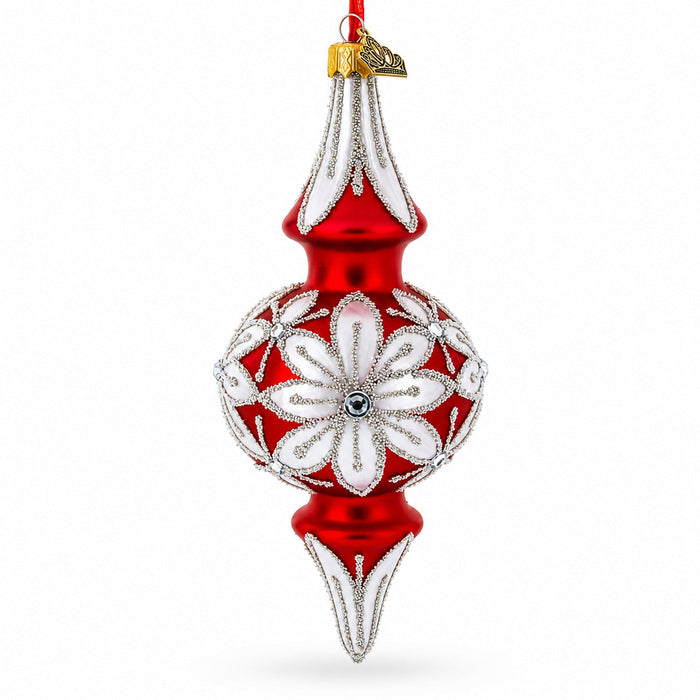 Silver Jeweled Poinsettia Bloom Double-Ended Finial Drop Glass Christmas Ornament