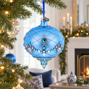 Blue Jeweled Lattice Diamond Onion-Shape Finial Glass Christmas Ornament