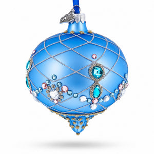 Blue Jeweled Lattice Diamond Onion-Shape Finial Glass Christmas Ornament