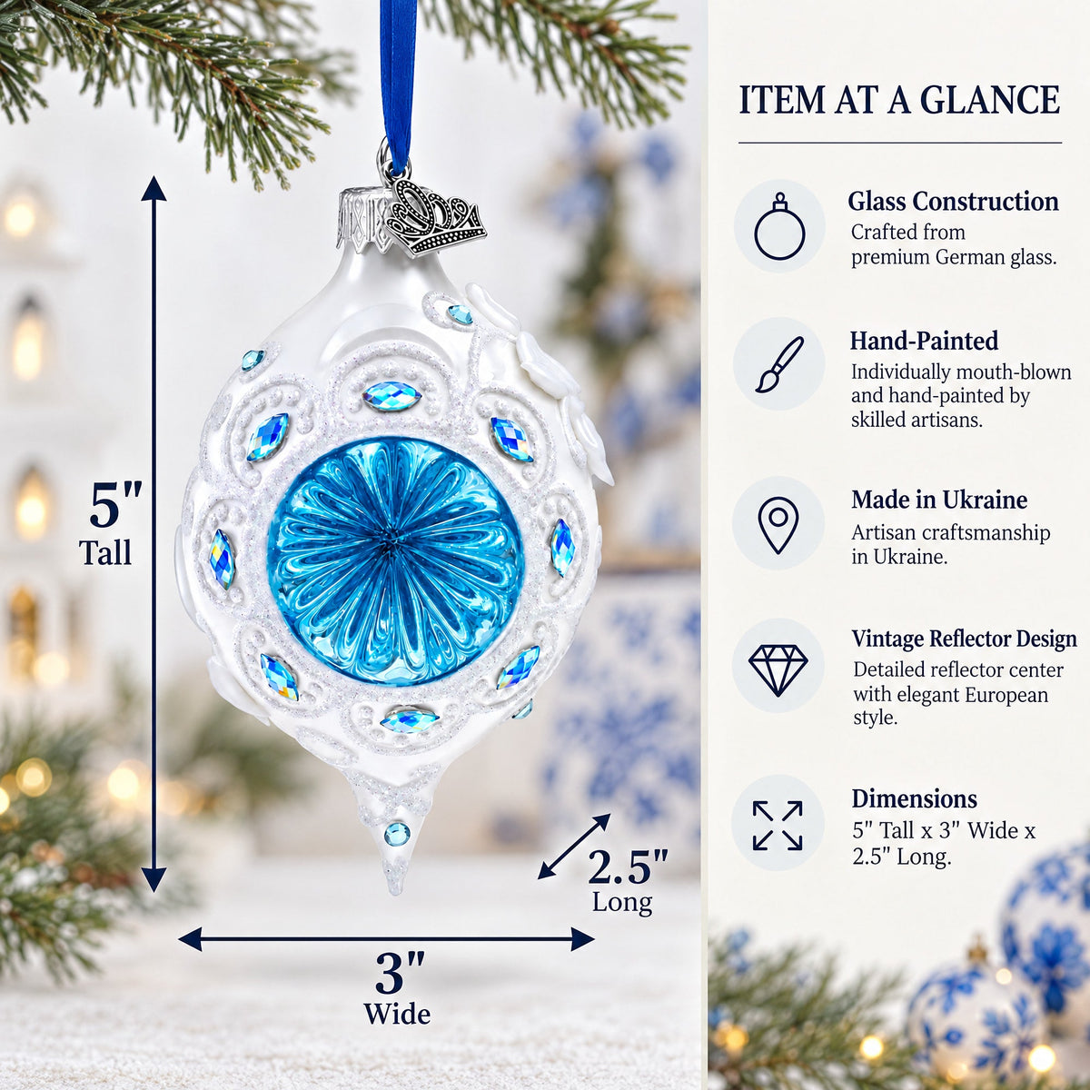 Vintage Style White and Blue Reflector Pointed Teardrop Finial Glass Christmas Ornament