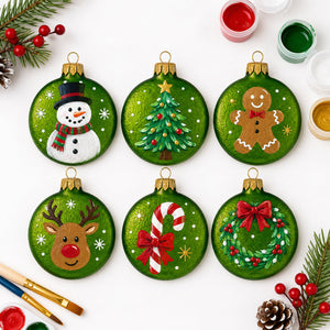 Set of 6 Matte Green Flat Disc Glass Christmas Ornaments 3 Inches