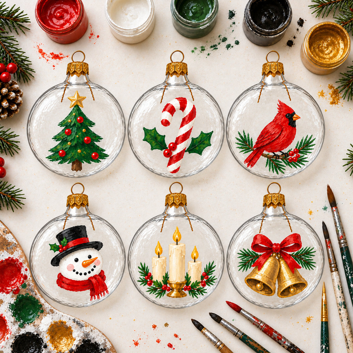 Set of 6 Clear Flat Disc Glass Christmas Ornaments 3 Inches