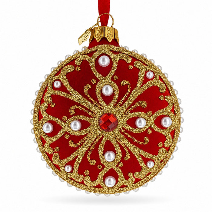 Boutique Scarlet Scrollwork Pearl Accent Glass Disc Christmas Ornament