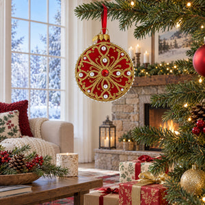 Boutique Scarlet Scrollwork Pearl Accent Glass Disc Christmas Ornament