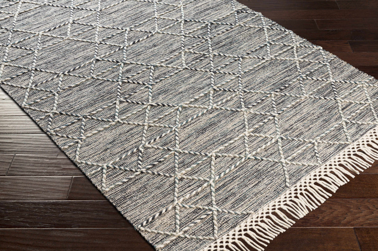 Charcoal Cream Sapadun Wool Blend Braided Tassel Area Rug - Clearance