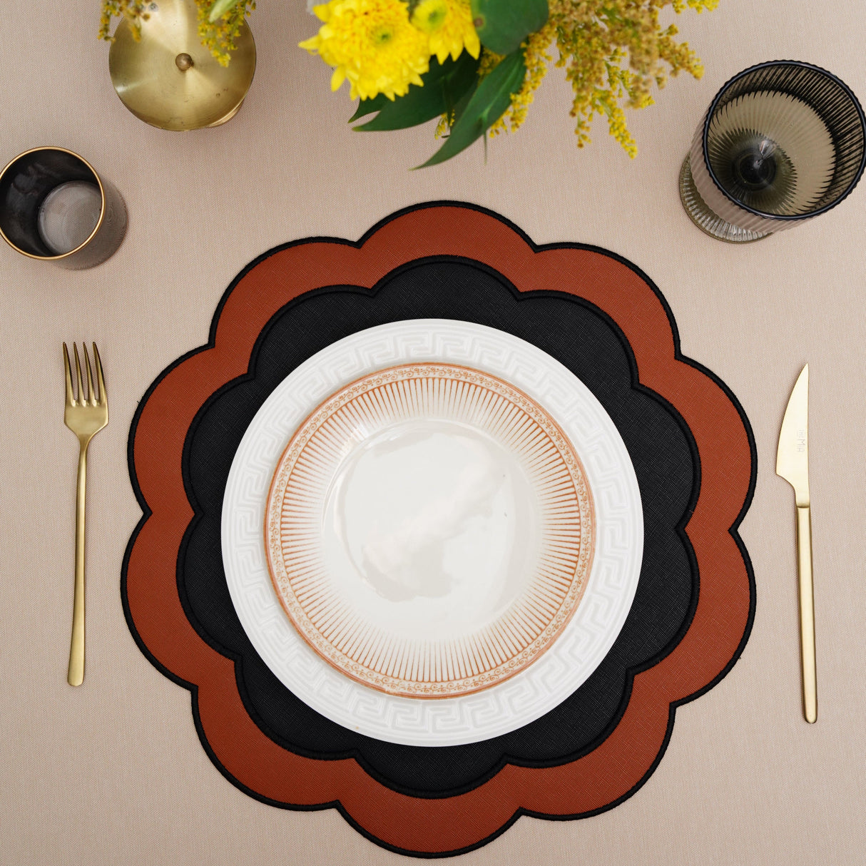 Serenity Black Orange Scalloped Faux Leather Placemat