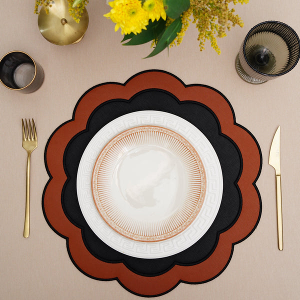Serenity Black Orange Scalloped Faux Leather Placemat