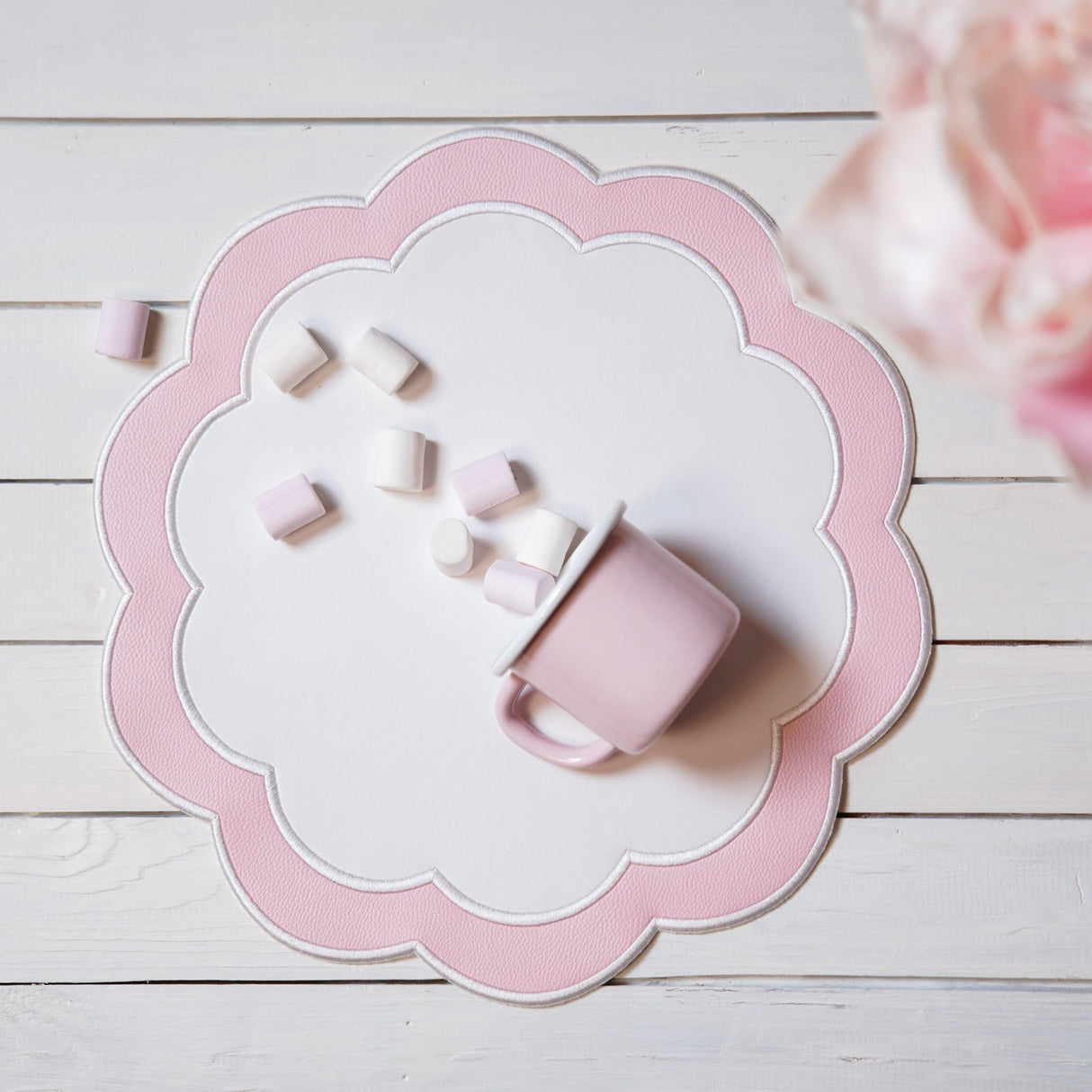 Serenity White Pink Scalloped Faux Leather Placemat