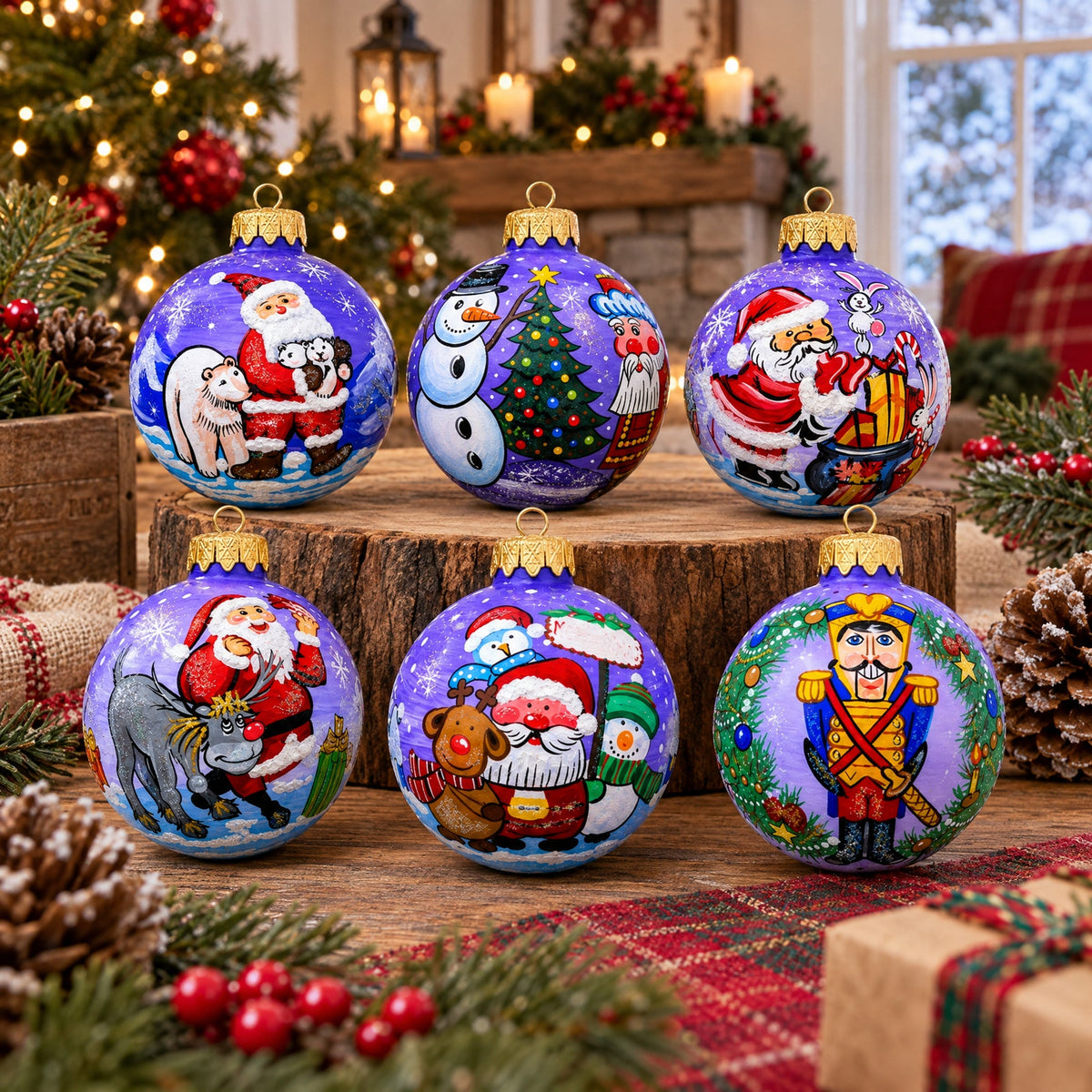 Set of 6 Santa Claus and Friends Glass Christmas Ornaments