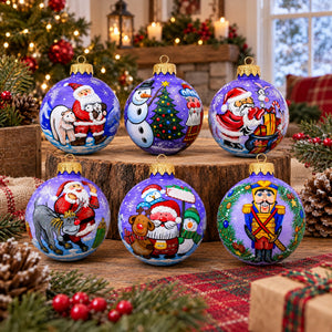 Set of 6 Santa Claus and Friends Glass Christmas Ornaments