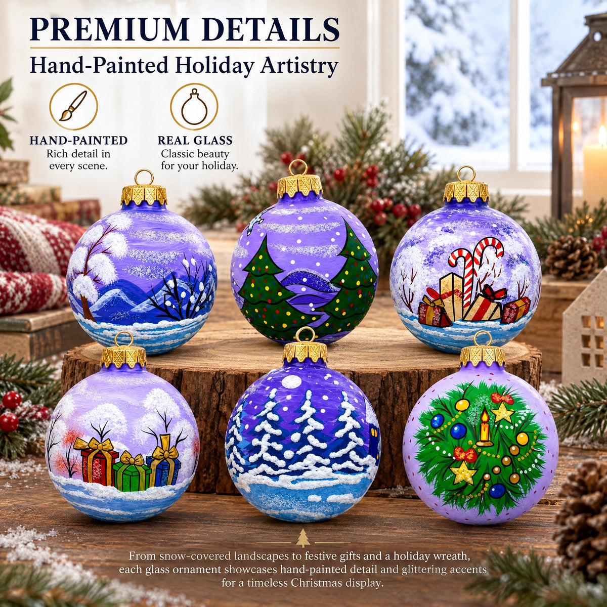 Set of 6 Santa Claus and Friends Glass Christmas Ornaments