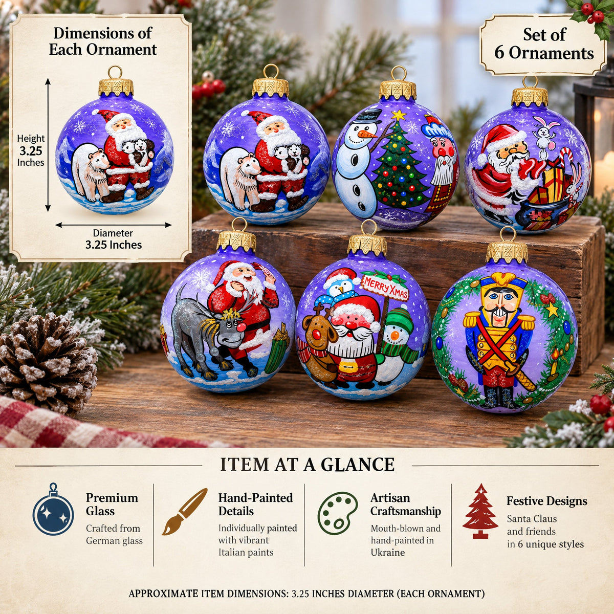Set of 6 Santa Claus and Friends Glass Christmas Ornaments