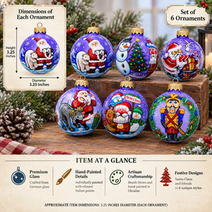 Set of 6 Santa Claus and Friends Glass Christmas Ornaments