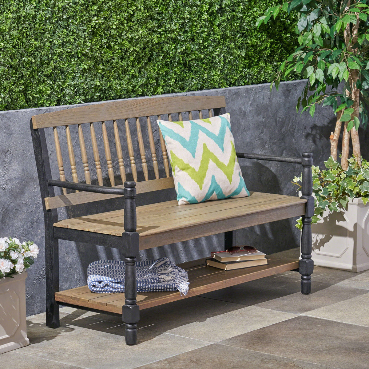 Slatted Bench with Built-In Shelf - view 4