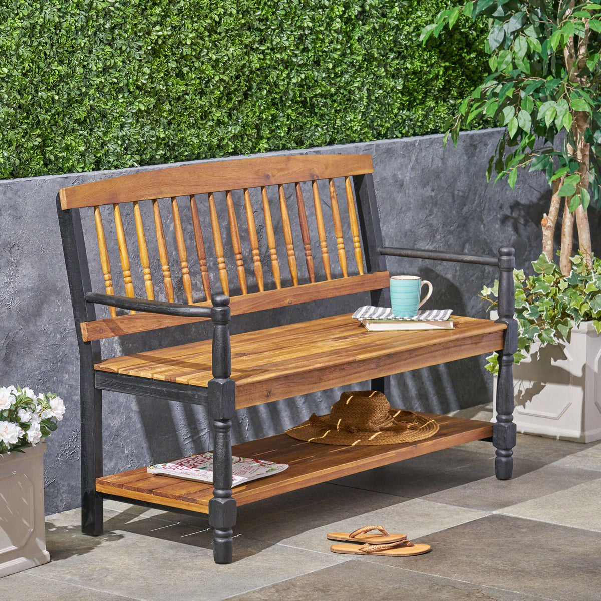 Slatted Bench with Built-In Shelf - view 6