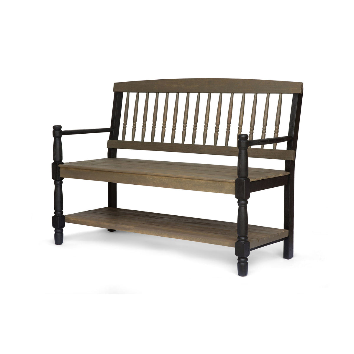 Slatted Bench with Built-In Shelf in Dark Gray