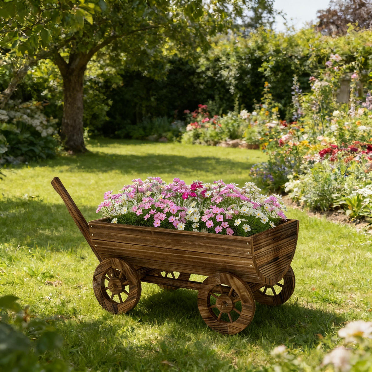 Small Wooden Wheelbarrow Planter with Drainage - view 2