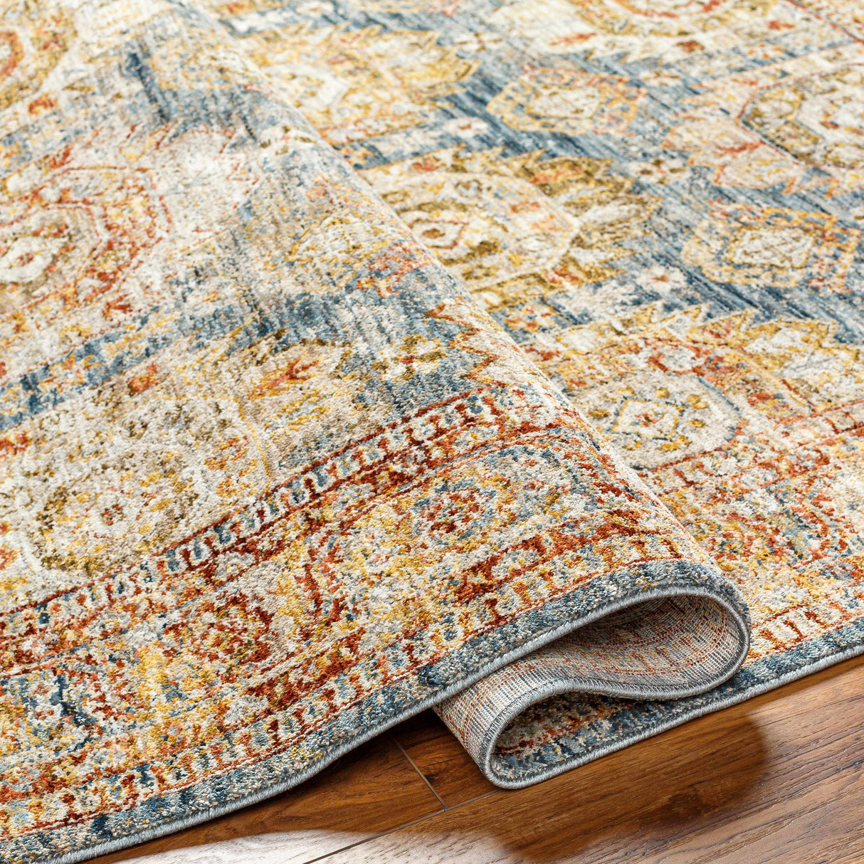 Crescentia Blue & Beige Textured Rug with Fringes