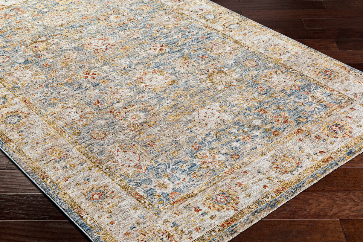 Duong Beige & Blue Textured Rug with Fringes