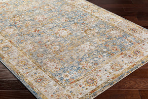 Duong Beige & Blue Textured Rug with Fringes