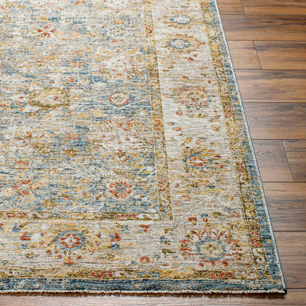 Duong Beige & Blue Textured Rug with Fringes