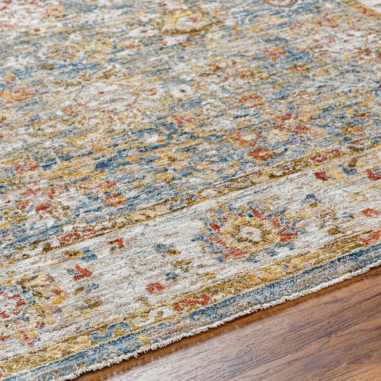Duong Beige & Blue Textured Rug with Fringes