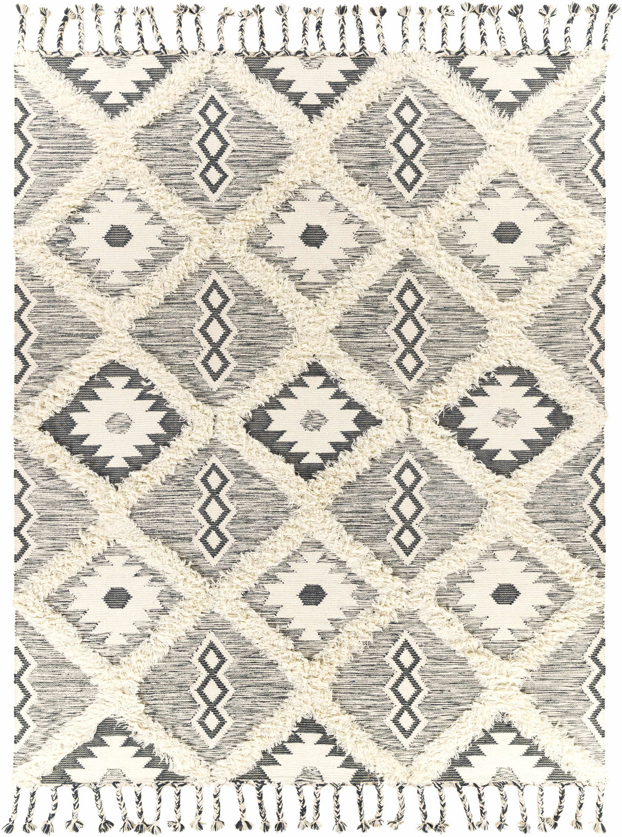 Sultan Charcoal/Beige Tribal Tassel Wool Rug - Clearance