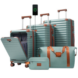 SUM Luggage Deluxe 5-Piece Hard-Side Luggage Set with USB and TSA Locks in Blue_Green