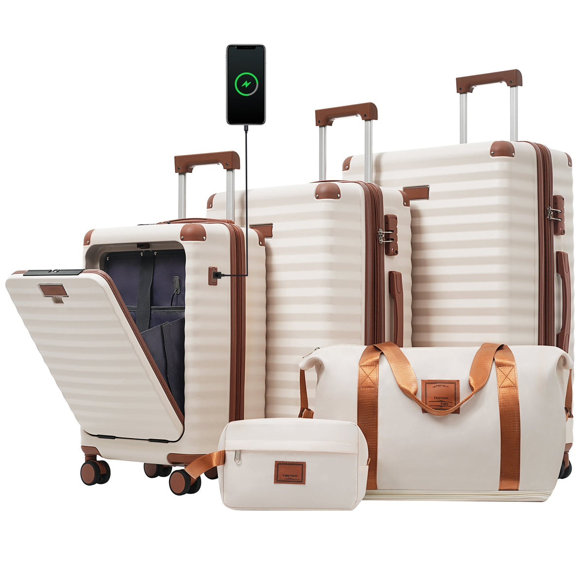 SUM Luggage Deluxe 5-Piece Hard-Side Luggage Set with USB and TSA Locks in Brown & White