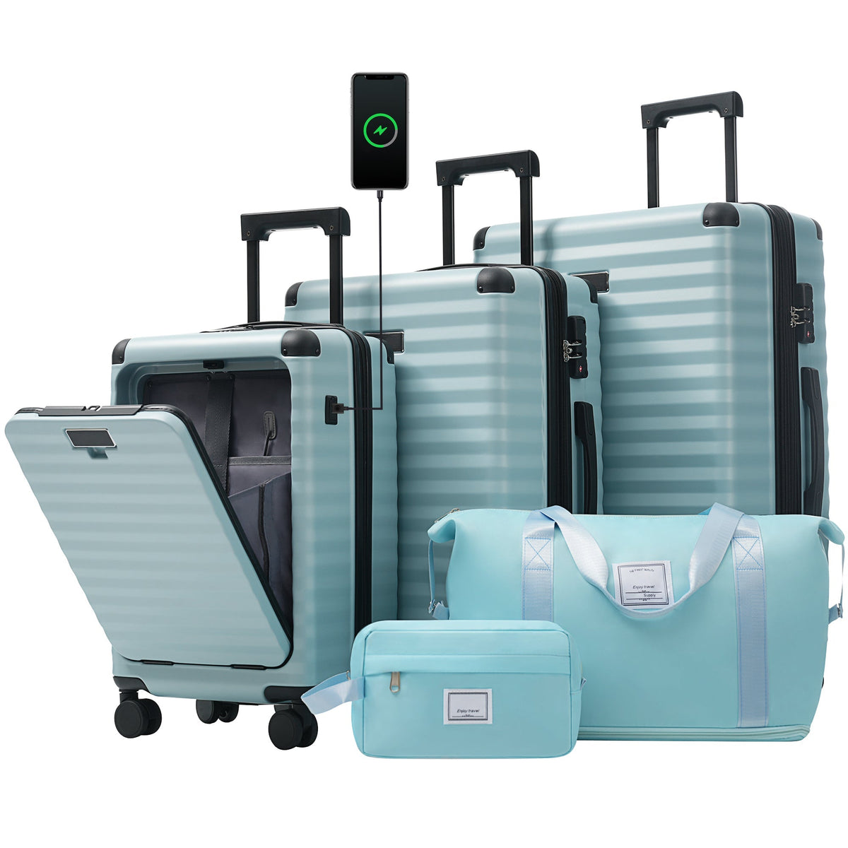 SUM Luggage Deluxe 5-Piece Hard-Side Luggage Set with USB and TSA Locks in Light Blue