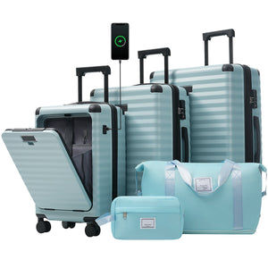 SUM Luggage Deluxe 5-Piece Hard-Side Luggage Set with USB and TSA Locks in Light Blue