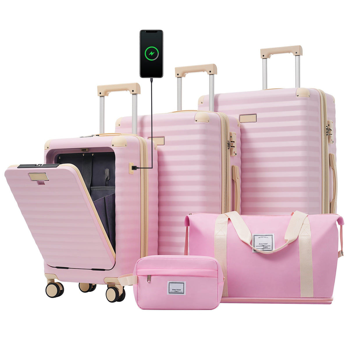 SUM Luggage Deluxe 5-Piece Hard-Side Luggage Set with USB and TSA Locks in Pink