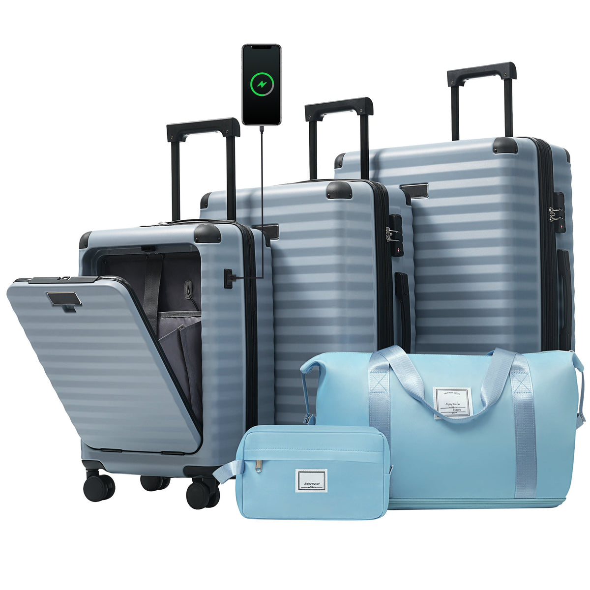 SUM Luggage Deluxe 5-Piece Hard-Side Luggage Set with USB and TSA Locks in Sky Blue