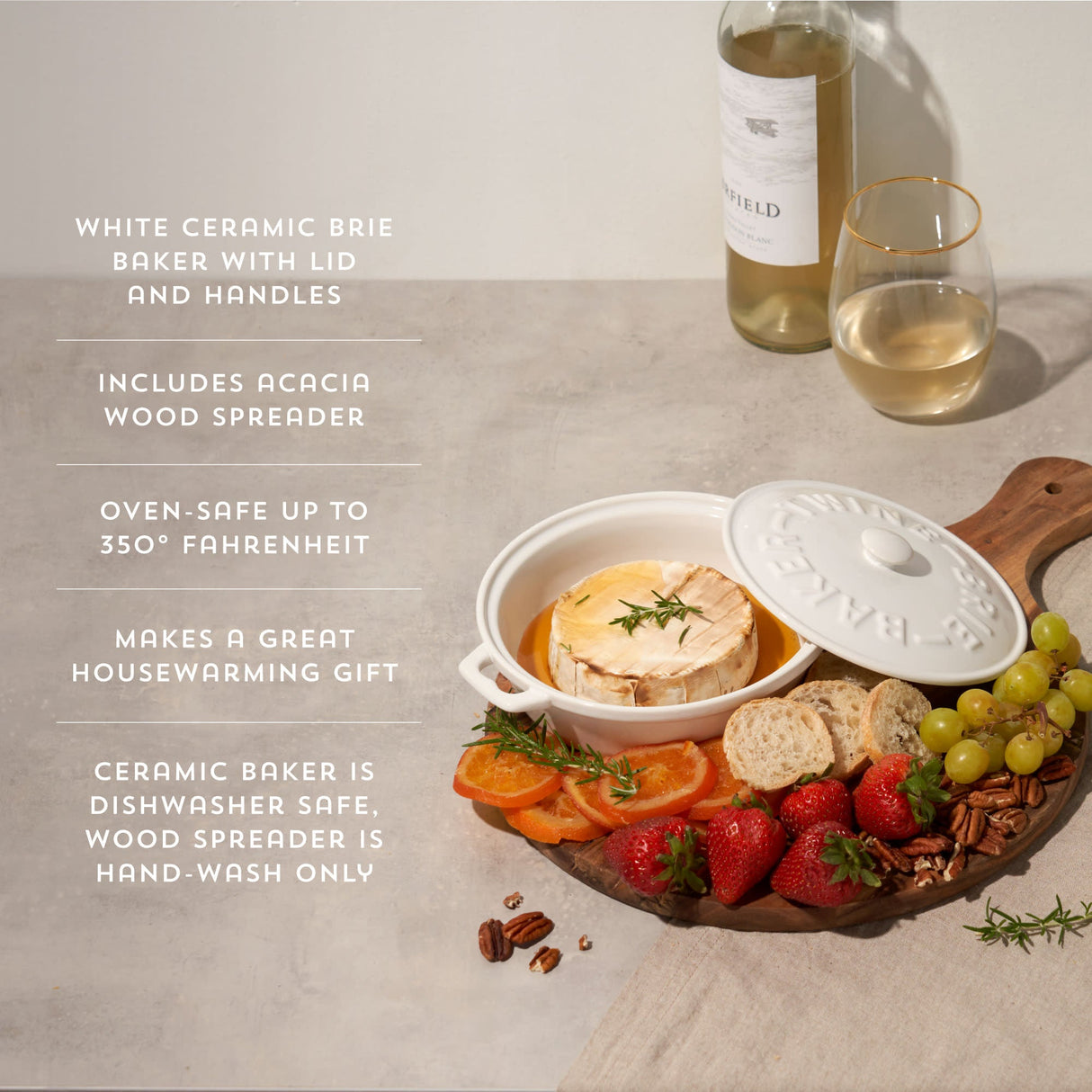 Ceramic Brie Baker & Acacia Wood Spreader Set