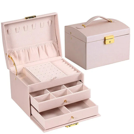 3 Layer Leather Jewelry Box Organizer with Drawers Velvet Lined 17.5cm