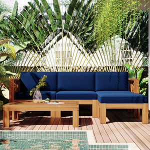 TOPMAX Outdoor Wood Sectional Patio Sofa Set with Blue Cushions