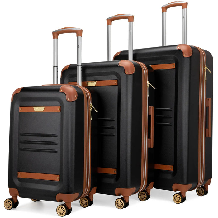 Vintage 3 Piece Expandable Retro Luggage Set - Black | Travellty