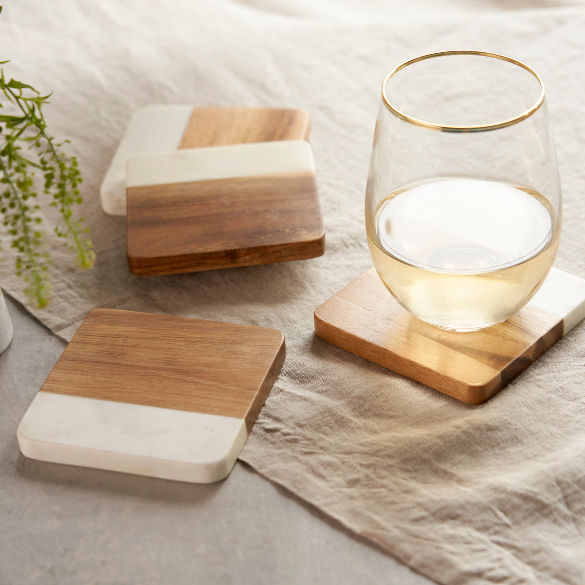 Twine Living Marble & Acacia Coaster Set