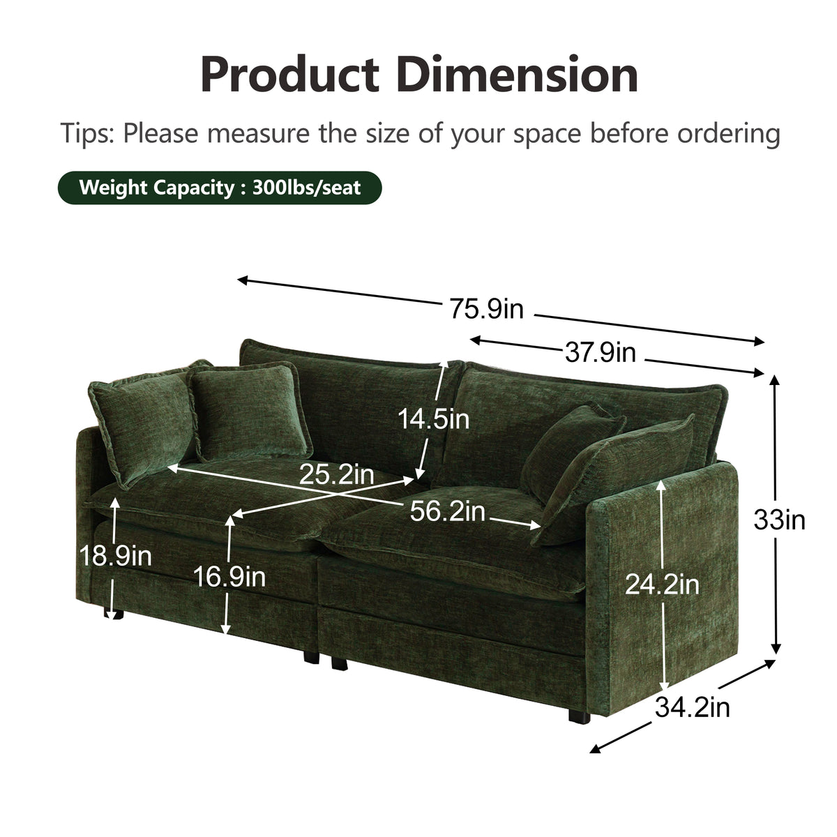 UI Furniture Modern Fabric Loveseat Sofa Couch with Deep Seat and 4 Pillows - view 5