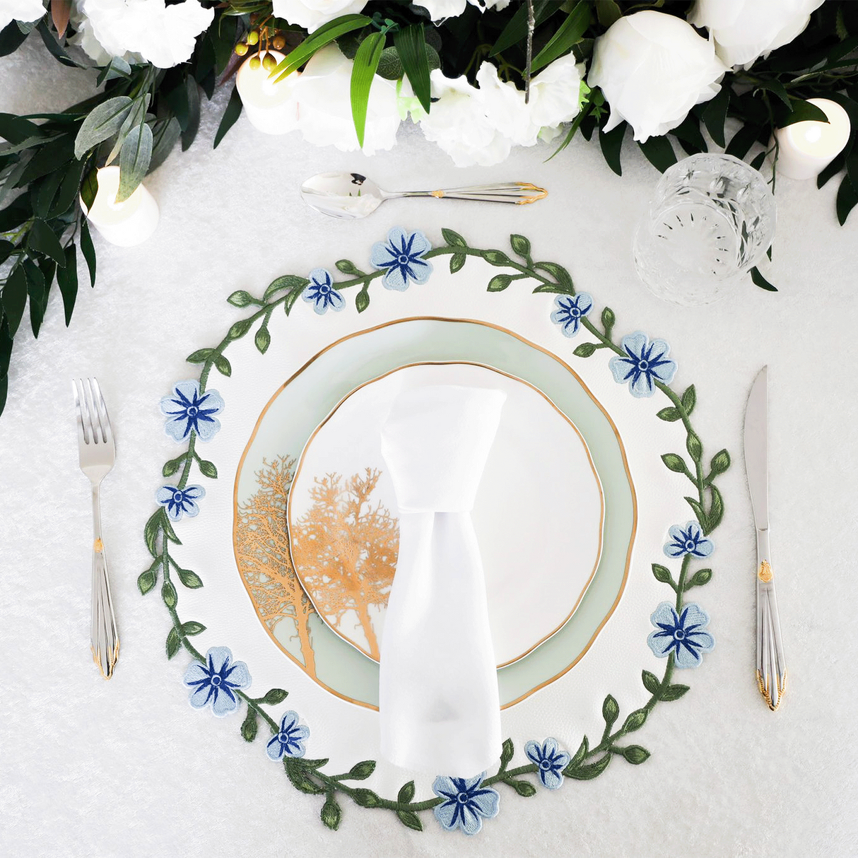 Unity White Blue Round Faux Leather Placemat