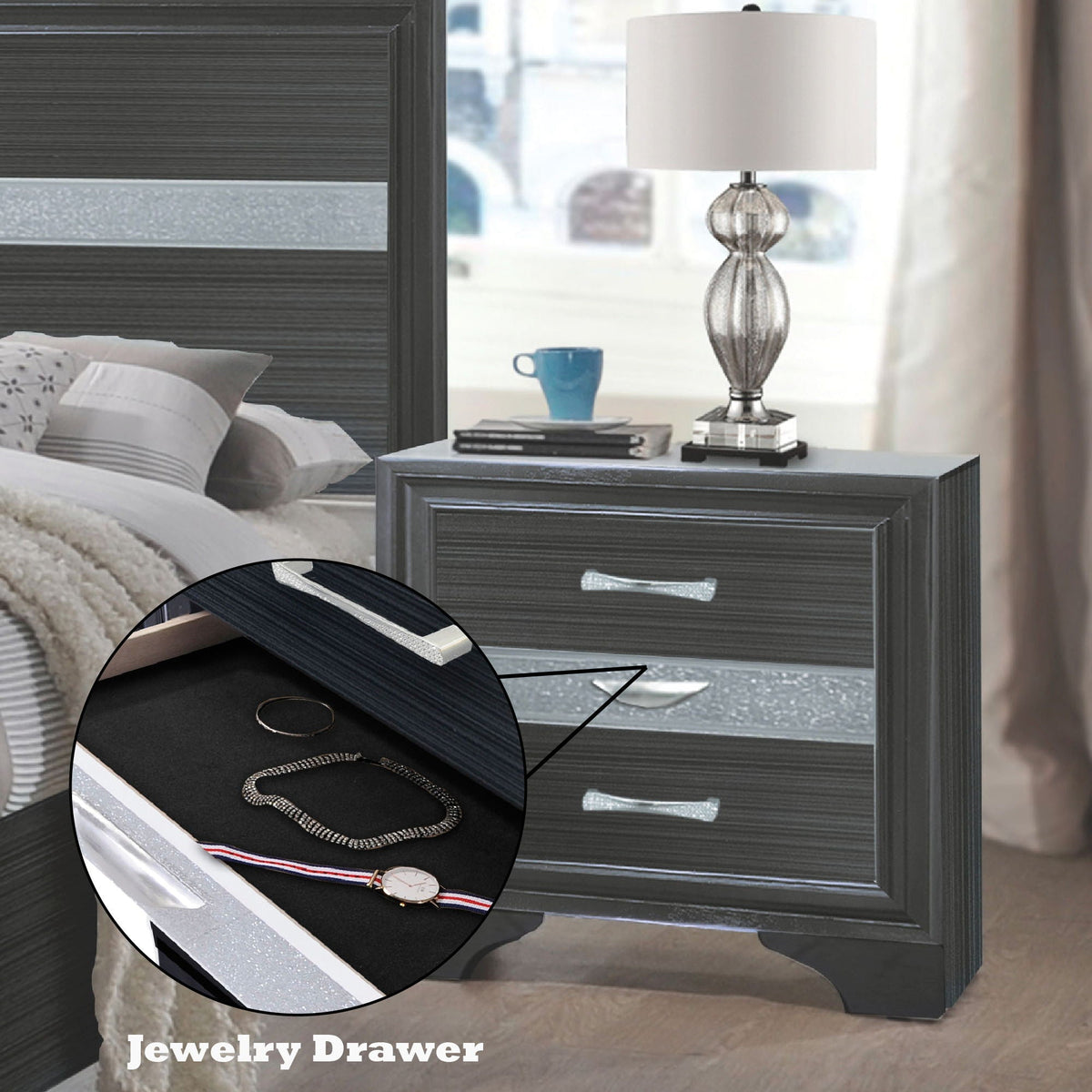 Urban Nest Chic Design Accent Nightstand with Felt-Lined Jewelry Drawer - view 7