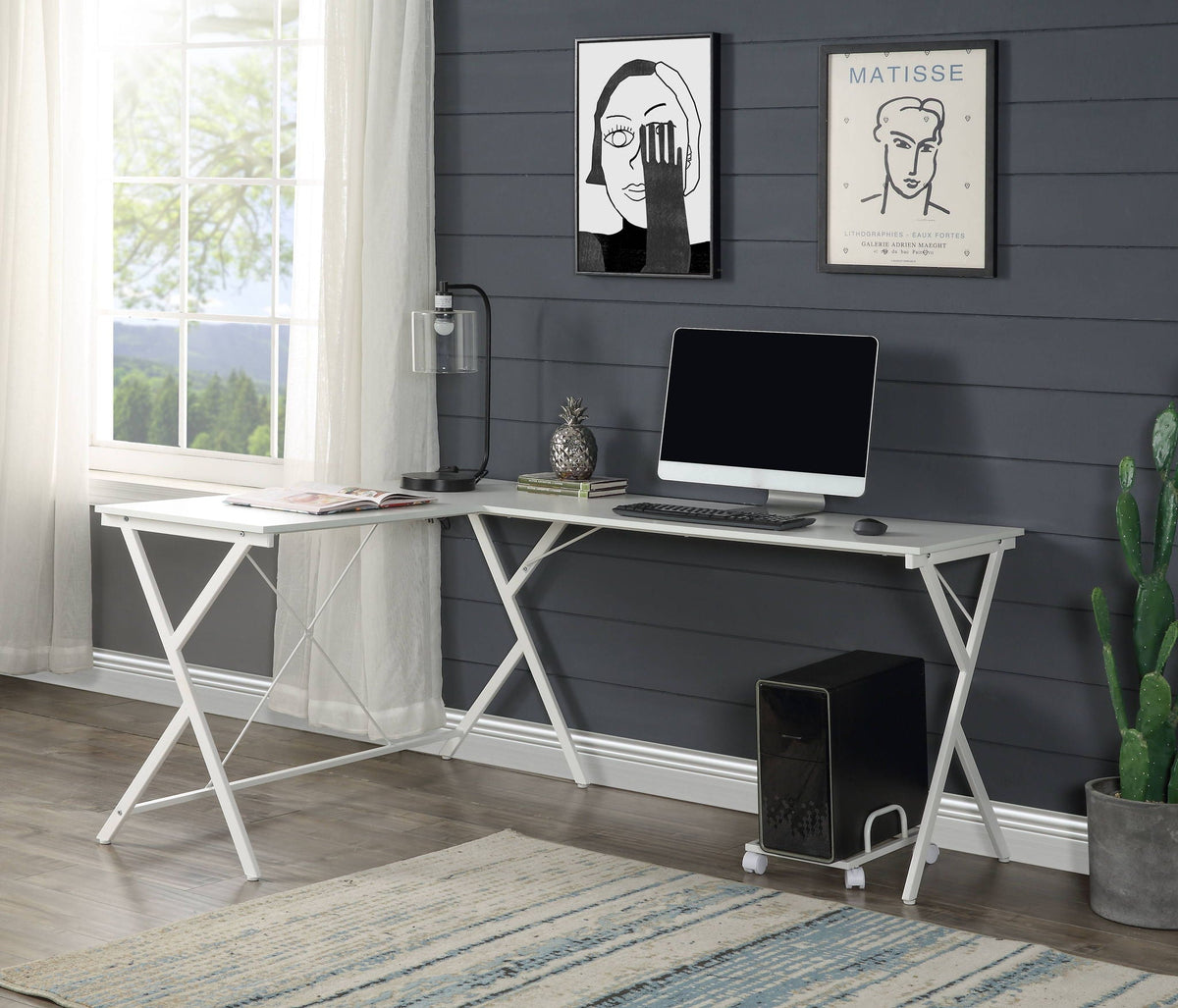Urban Nest Dazenus L-Shape Corner Desk with Metal Frame in White