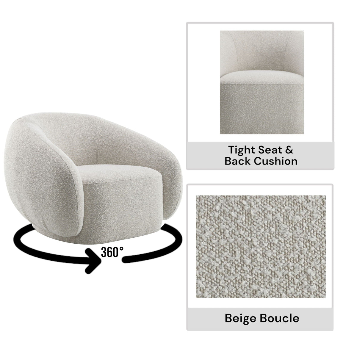 Urban Nest Isabel Swivel Chair with Bouclé Upholstery and Wooden Frame - view 5