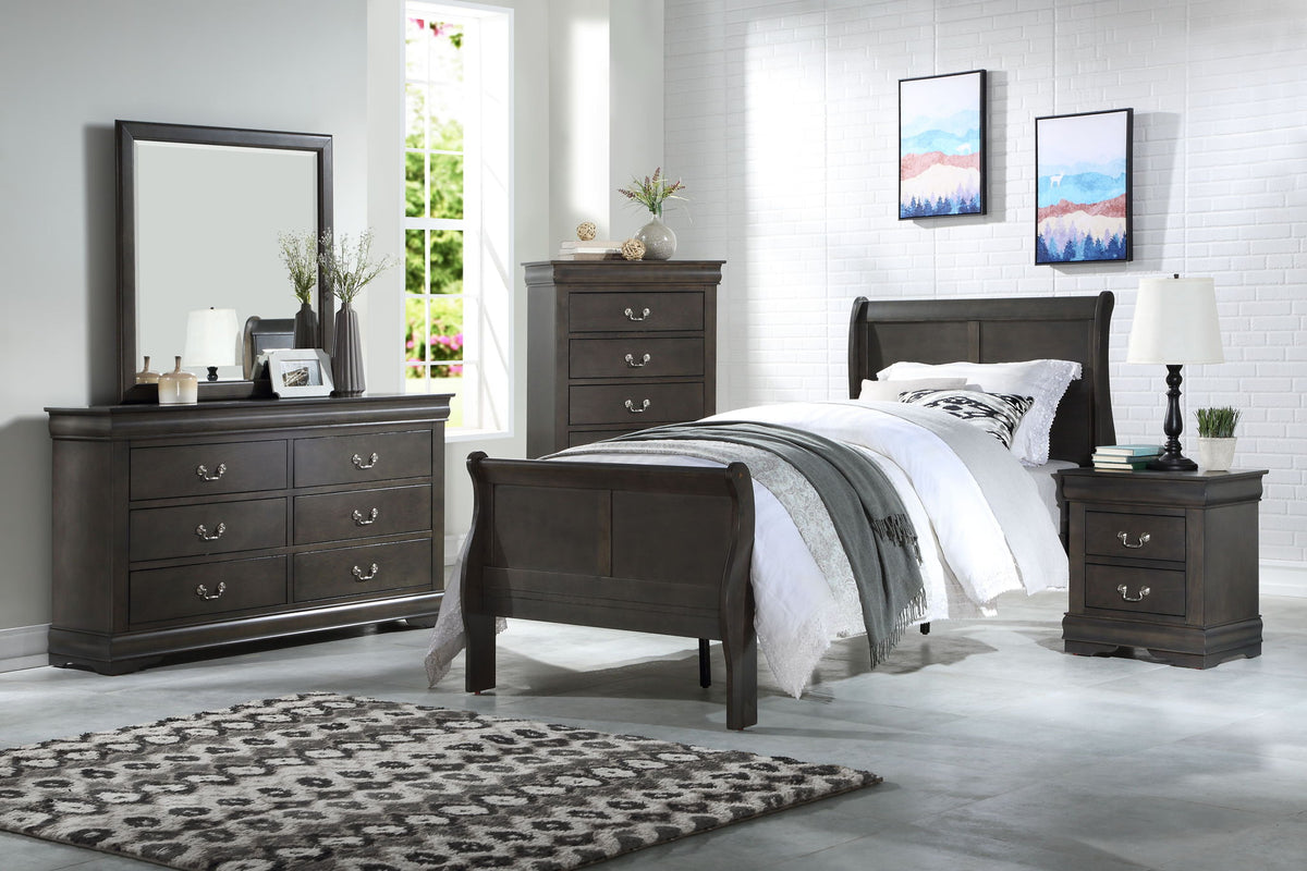 Urban Nest Louis Philippe Sleigh Bedroom Set with Sleigh Bed and Nightstand in Dark Gray