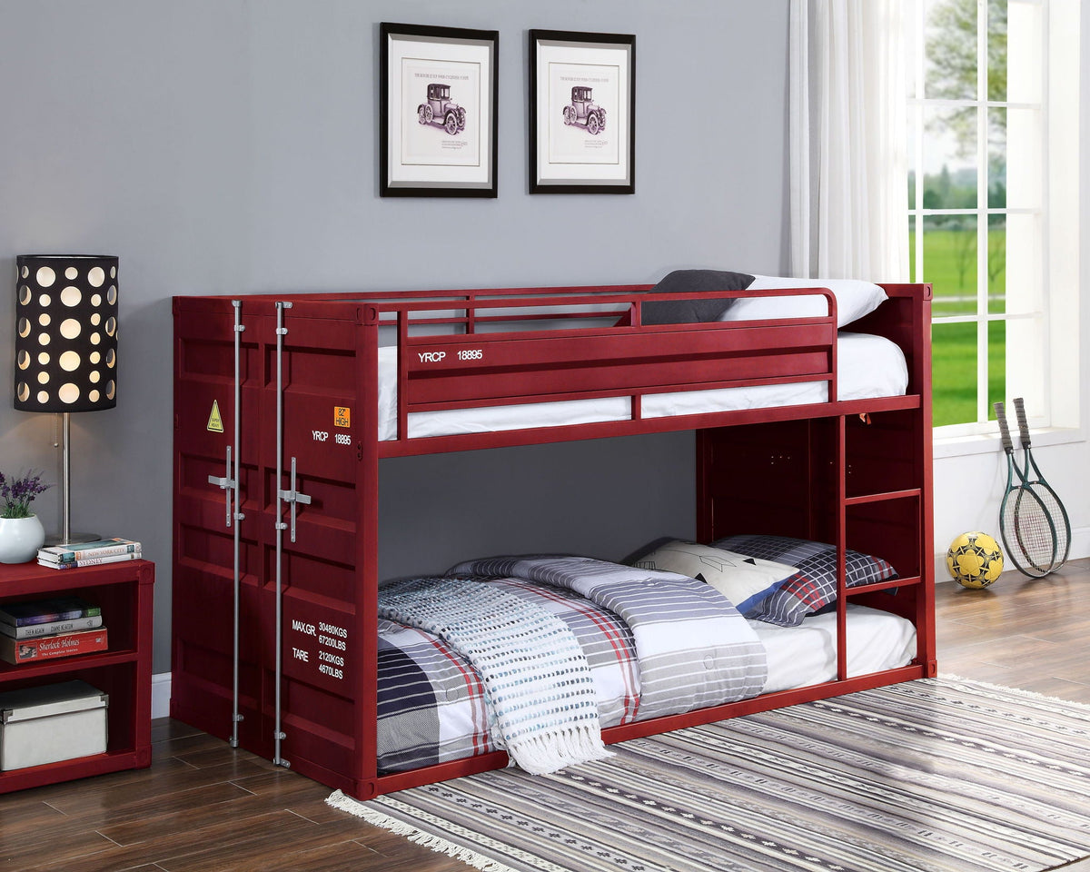 Urban Nest Metal Twin Over Twin Bunk Bed with Safety Guardrail in Red