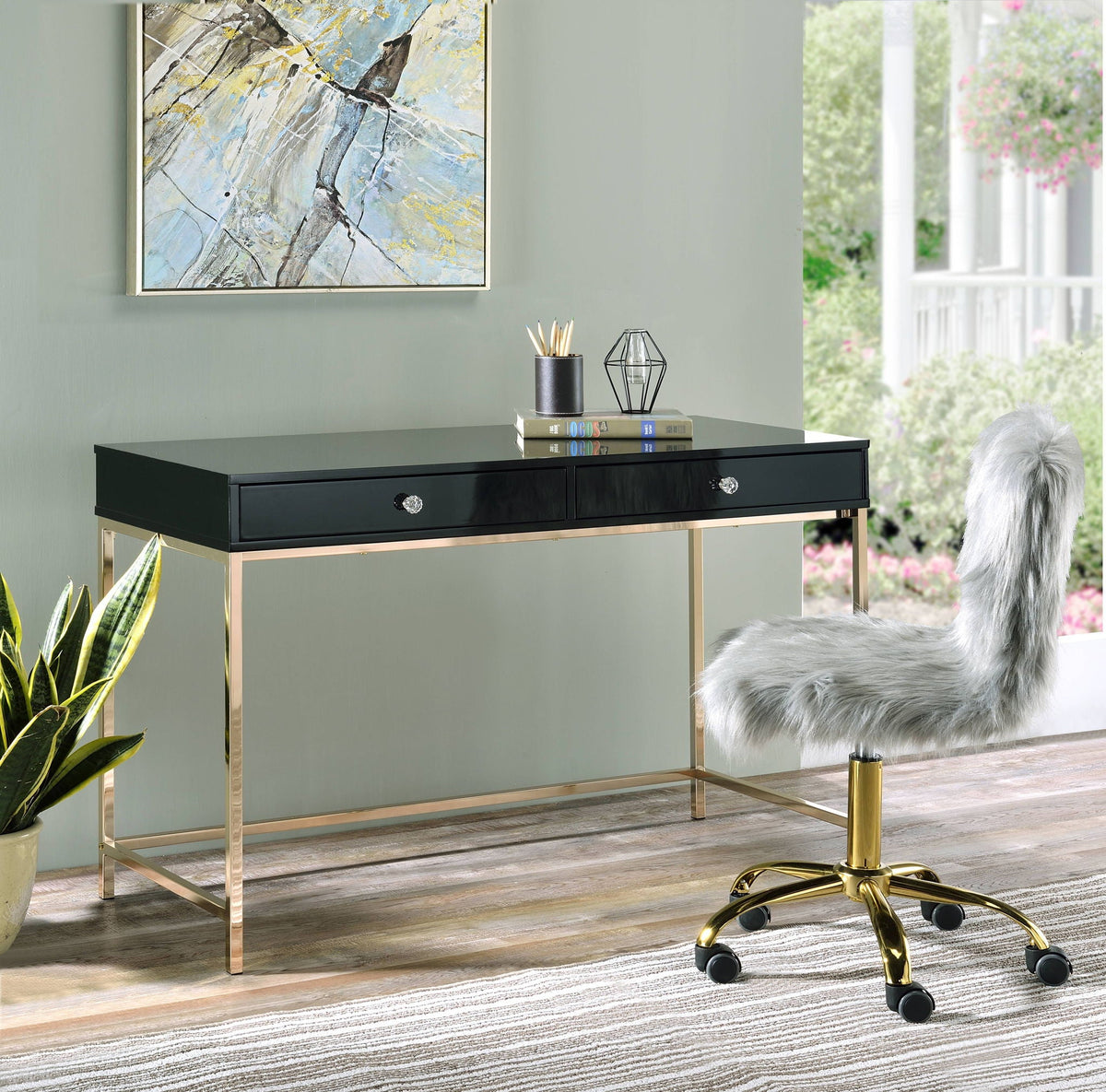 Urban Nest Ottey High Gloss Writing Desk with Metal Legs in Black