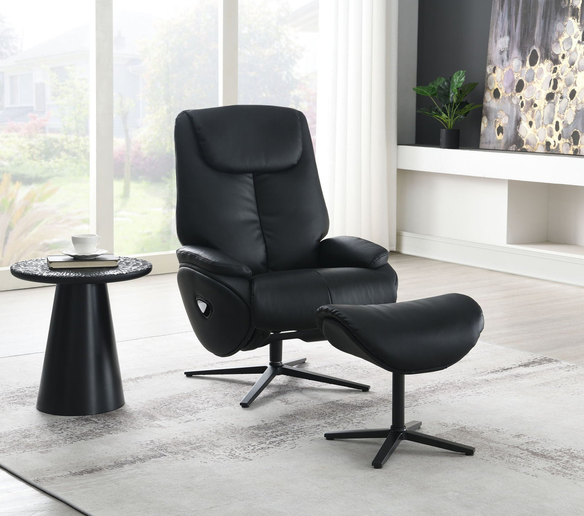 Labotina - Top Grain Leather Accent Chair With Swivel & Ottoman - Black - Best Buy Furniture