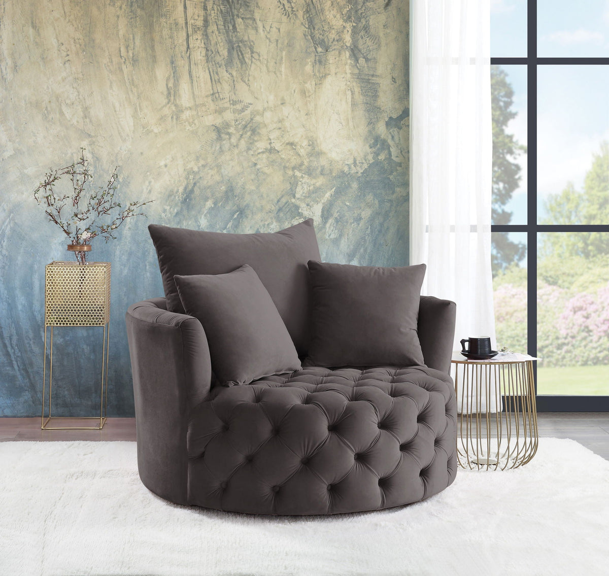 Urban Nest Velvet Swivel Accent Chair with Button Tufting in Dark Gray