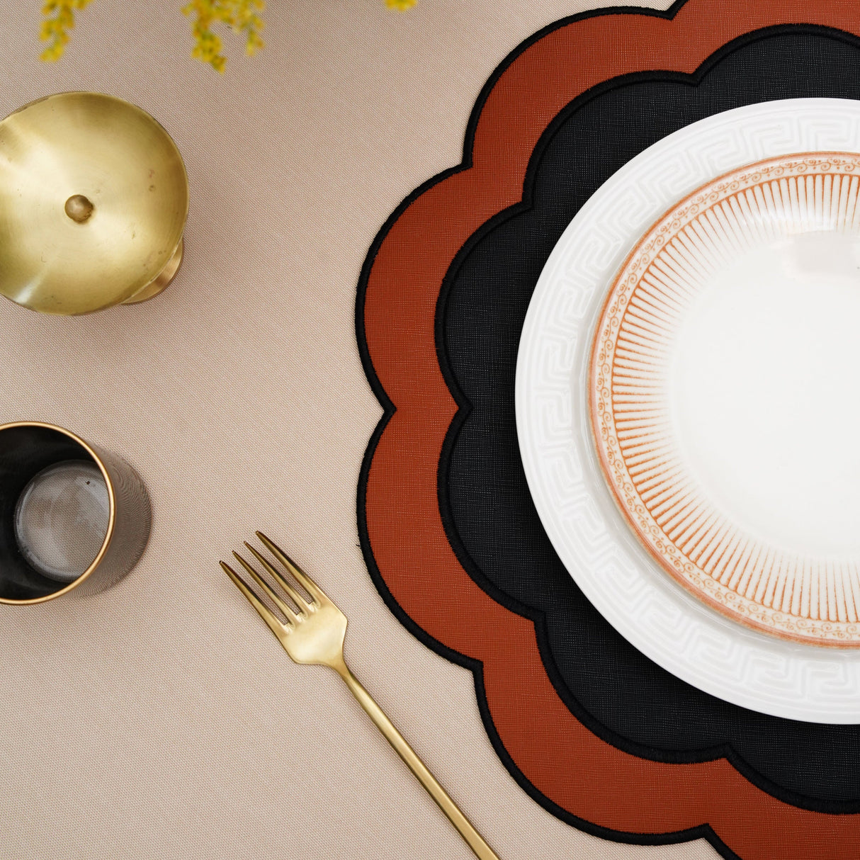 Serenity Black Orange Scalloped Faux Leather Placemat